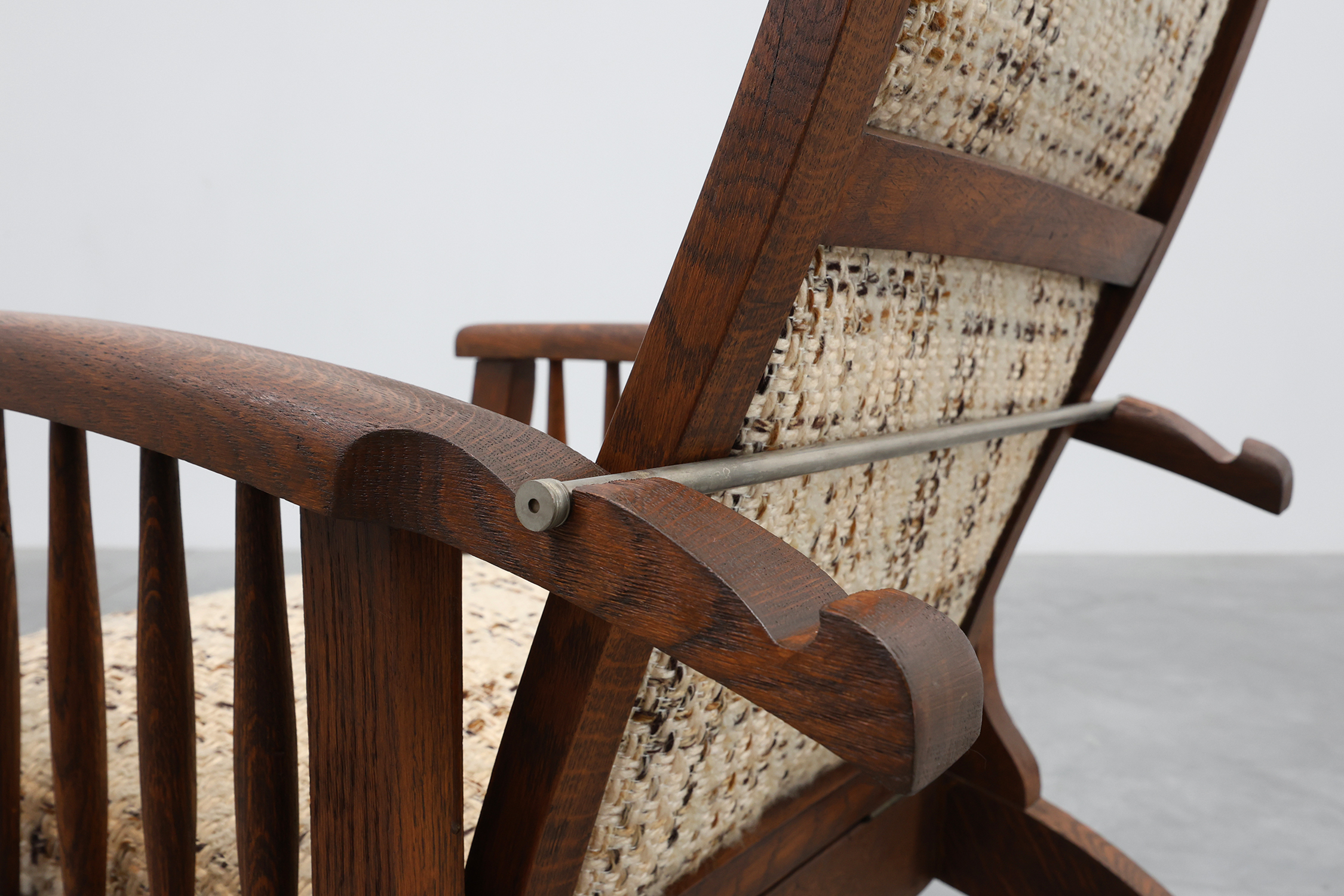 Arts & Craft oak armchair with spindle sides and tweed upholstery, Belgium, 1920sthumbnail